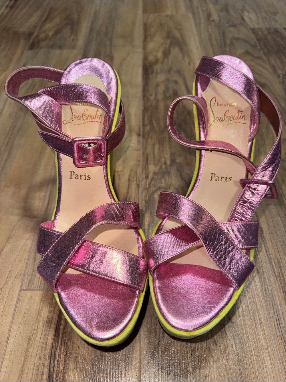 Christian Louboutin Metallic Pink Strappy Sandals with Neon Trim